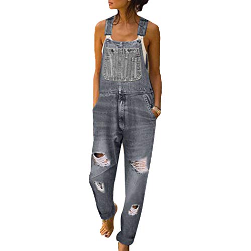 HANMAX Damen Latzhose Retro Jeanshose Trägerhose Hoseanzug Denim Overall Gerades Bein Zerrissen Lang Trägerhose Ärmellos Locker mit Taschen von HANMAX