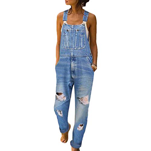 HANMAX Damen Latzhose Retro Jeanshose Trägerhose Hoseanzug Denim Overall Gerades Bein Zerrissen Lang Trägerhose Ärmellos Locker mit Taschen von HANMAX