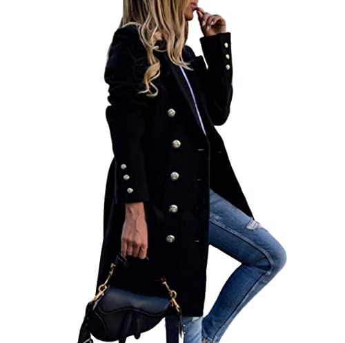 HANMAX Damen Mantel Zweireiher Revers Langarm Lange Wolle Coat Winterjacke von HANMAX