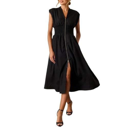 HANMAX Women's Summer Ruched Sleveless Slim Front Zipper up Work Business Office Party Dress von HANMAX
