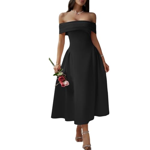 Women's Elegant Off Shoulder A Line Swing Wedding Evening Party Midi Formal Dress von HANMAX