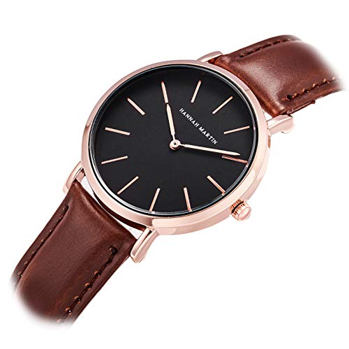 HANNAH MARTIN Damen Uhren Analog Quarz Edelstahl Leder Wasserdicht (Braun) von HANNAH MARTIN