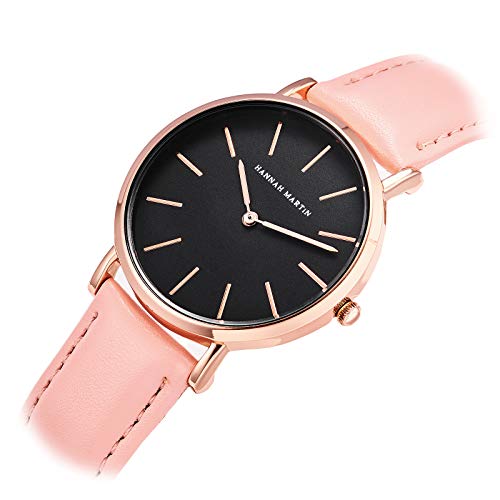 HANNAH MARTIN Damen Uhren Analog Quarz Edelstahl Leder Wasserdicht (Rosa) von HANNAH MARTIN
