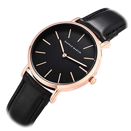 HANNAH MARTIN Damen Uhren Analog Quarz Edelstahl Leder Wasserdicht (Schwarz) von HANNAH MARTIN