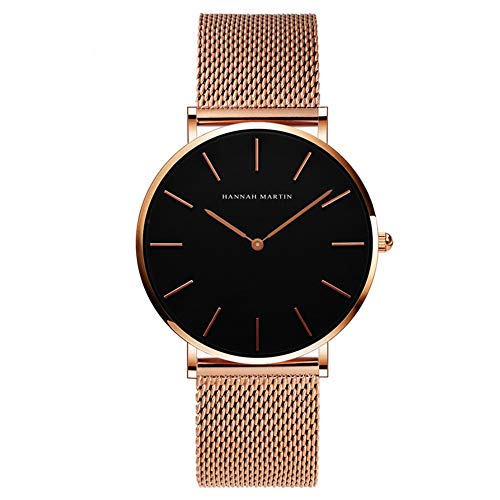 HANNAH MARTIN Herren Uhren Analog Quarz Edelstahl Wasserdicht Mesh Ultradünne (Schwarz Oberfläche ，Rosegold Armband) von HANNAH MARTIN