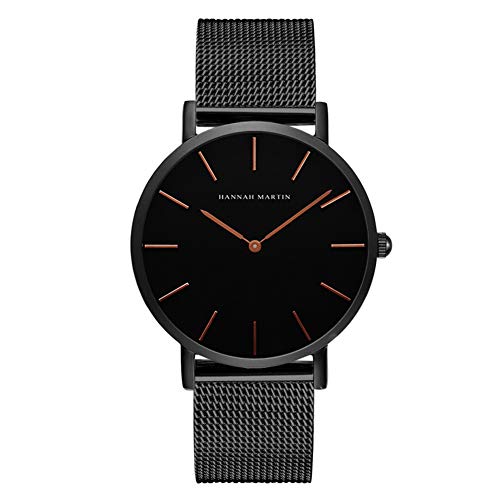 HANNAH MARTIN Herren Uhren Analog Quarz Edelstahl Wasserdicht Mesh Ultradünne (Schwarz Oberfläche ，Schwarz Armband) von HANNAH MARTIN