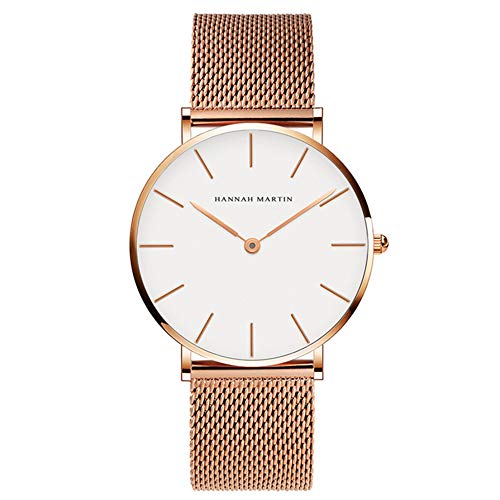 HANNAH MARTIN Herren Uhren Analog Quarz Edelstahl Wasserdicht Mesh Ultradünne (Weiß Oberfläche ，Rosegold Armband) von HANNAH MARTIN