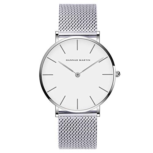 HANNAH MARTIN Herren Uhren Analog Quarz Edelstahl Wasserdicht Mesh Ultradünne (Weiß Oberfläche ，Silber Armband) von HANNAH MARTIN