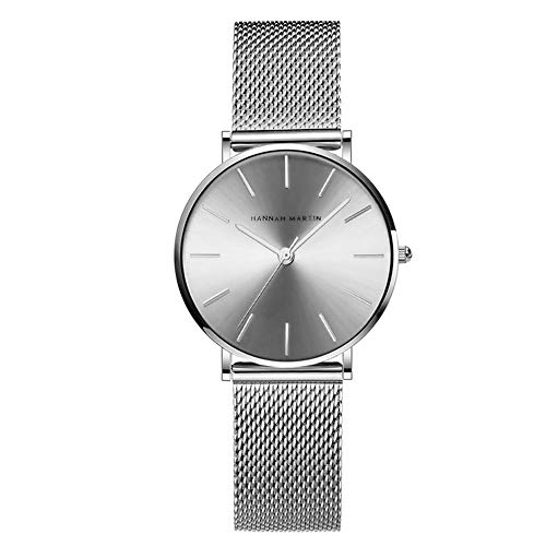 HANNAH MARTIN Damen Uhren Analog Quarz Edelstahl Armband Wasserdicht Mesh Ultradünne (Silber) von HANNAH MARTIN