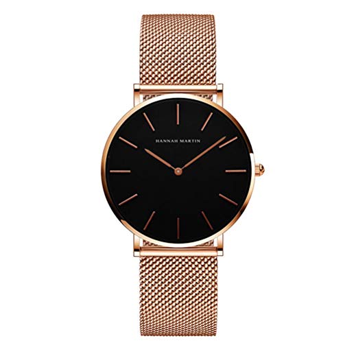 HANNAH MARTIN Damen Uhren Analog Quarz Edelstahl Wasserdicht Mesh Ultradünne (Schwarz Oberfläche ，Rosegold Armband) von HANNAH MARTIN