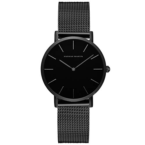 HANNAH MARTIN Damen Uhren Analog Quarz Edelstahl Wasserdicht Mesh Ultradünne (Schwarz Oberfläche ，Schwarz Armband) von HANNAH MARTIN