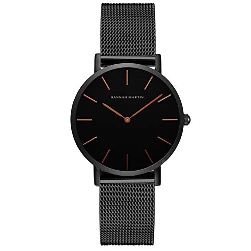 HANNAH MARTIN Damen Uhren Analog Quarz Edelstahl Wasserdicht Mesh Ultradünne (Schwarz Oberfläche ，Schwarz Armband 2) von HANNAH MARTIN