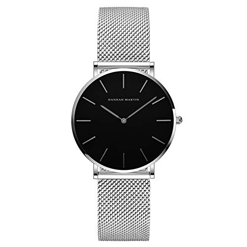 HANNAH MARTIN Damen Uhren Analog Quarz Edelstahl Wasserdicht Mesh Ultradünne (Schwarz Oberfläche ，Silber Armband) von HANNAH MARTIN