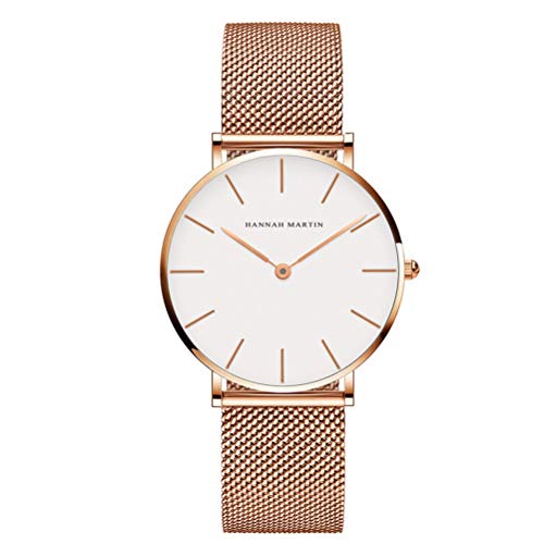 HANNAH MARTIN Damen Uhren Analog Quarz Edelstahl Wasserdicht Mesh Ultradünne (Weiß Oberfläche ，Rosegold Armband) von HANNAH MARTIN