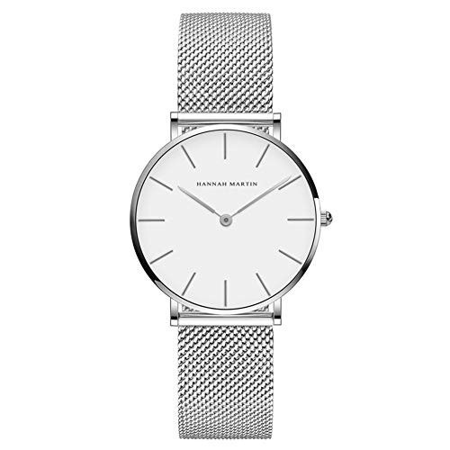 HANNAH MARTIN Damen Uhren Analog Quarz Edelstahl Wasserdicht Mesh Ultradünne (Weiß Oberfläche ，Silber Armband) von HANNAH MARTIN