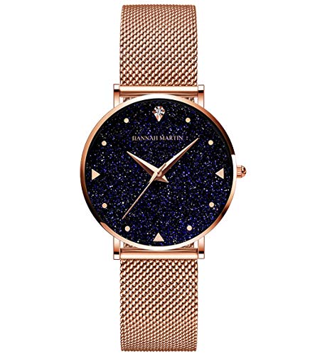 HANNAH MARTIN Sternenhimmel Damen Uhren Analog Quarz Edelstahl Wasserdicht Mesh Ultradünne (Schwarz Oberfläche ，Rosegold Armband) von HANNAH MARTIN