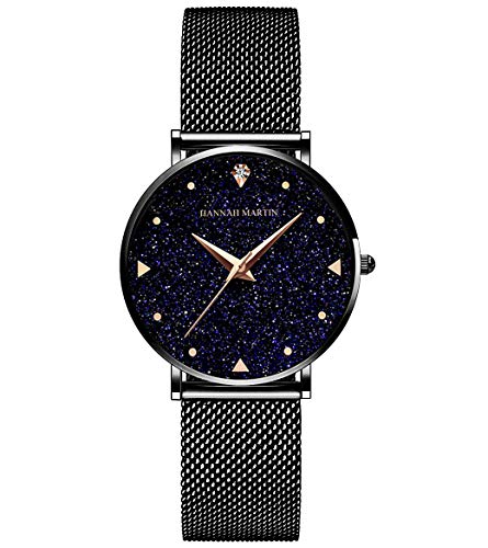 HANNAH MARTIN Sternenhimmel Damen Uhren Analog Quarz Edelstahl Wasserdicht Mesh Ultradünne (Schwarz Oberfläche ，Schwarz Armband) von HANNAH MARTIN