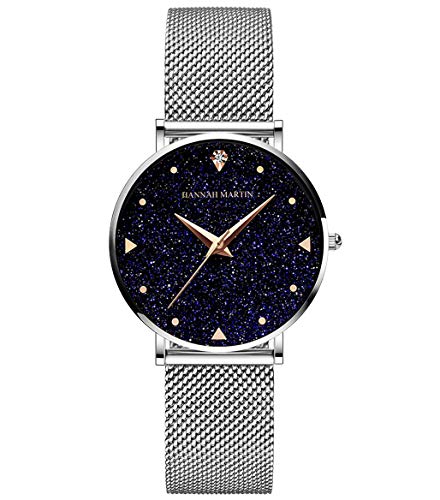 HANNAH MARTIN Sternenhimmel Damen Uhren Analog Quarz Edelstahl Wasserdicht Mesh Ultradünne (Schwarz Oberfläche ，Silber Armband) von HANNAH MARTIN