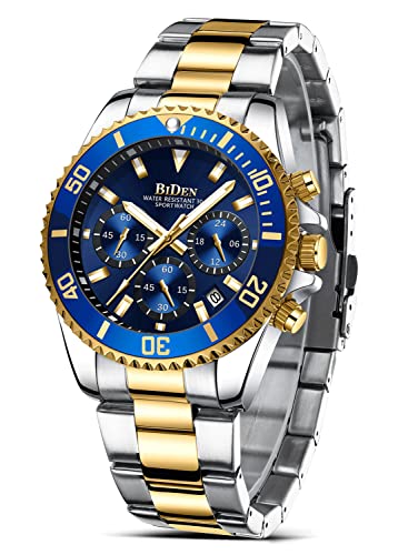 HANPOSH Herren Uhr Uhren Herren Chronographen Edelstahl Wasserdicht Armbanduhr Herren Quarz Uhren mit Datum Business Casual Uhr für Männer (A01-Silber Gold Blau) von HANPOSH