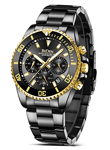 HANPOSH Herren Uhr Uhren Herren Chronographen Edelstahl Wasserdicht Armbanduhr Herren Quarz Uhren mit Datum Business Casual Uhr für Männer (A08-Schwarz Gold) von HANPOSH