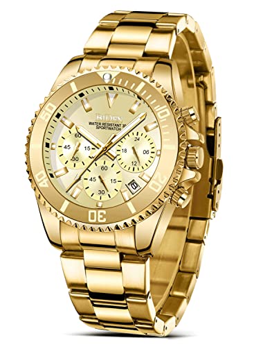 HANPOSH Herren Uhr Uhren Herren Chronographen Edelstahl Wasserdicht Armbanduhr Herren Quarz Uhren mit Datum Business Casual Uhr für Männer (A09-Gold Gold) von HANPOSH