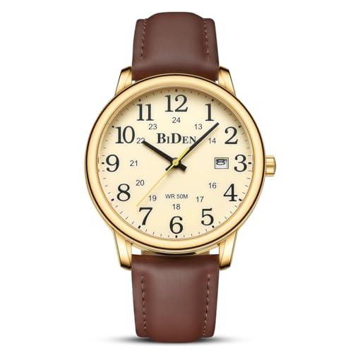 HANPOSH Uhren Herren Herren Uhr Analog Quarz Uhren für Männer Wasserdicht Armbanduhren Herren Mode Business Uhr mit Datum Leder Band (Gold Gelb) von HANPOSH