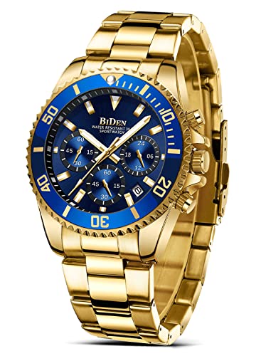 HANPOSH Herren Uhr Uhren Herren Chronographen Edelstahl Wasserdicht Armbanduhr Herren Quarz Uhren mit Datum Business Casual Uhr für Männer (A07-Gold Blau) von HANPOSH