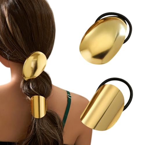2 Stück goldene Haargummis, Metall, geometrisches, praktisches elastisches Design, große goldene Haarmanschette für Frauen, Verwendung als Haargummi oder modisches Haar-Accessoire für Arbeit, Sport, von HANSAMU