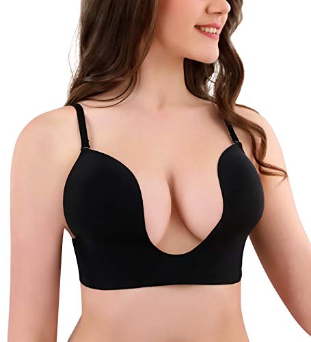 HANSCA Damen Sexy Deep U Plunge BH Multi-Way Convertible Push Up Neckholder Niedriger Rücken BH, Schwarz, 80B von HANSCA