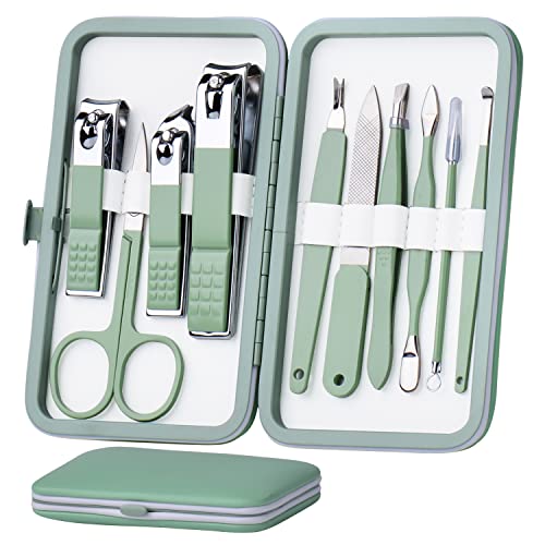 HANTEKAS Maniküre-Set 10 in 1 aus Edelstahl, Nagelknipser, Schere, Pediküre-Werkzeuge – Tragbares Reise-Pflegeset für Männer und Frauen mit Lederetui (Jadegrün) von HANTEKAS