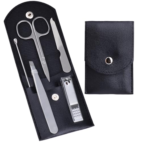 HANTEKAS Reise-Maniküre-Set, professionelles Nagelknipser-Set, 5-teilig, Edelstahl, Maniküre-Set, für Damen und Herren, mit Nagelpflegewerkzeugen, Schönheitsschere, Pinzette (Silber-Schwarz) von HANTEKAS