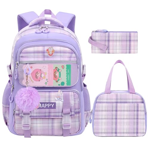 HANXIUCAO Schulrucksack Mädchen - Karomuster, atmungsaktiver und wasserabweisender Ranzen für die 1. bis 5. Klasse, Violett von HANXIUCAO