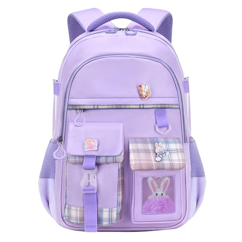 HANXIUCAO Schulrucksack Mädchen, Wasserabweisend und Atmungsaktiv Ranzen Mädchen für 1. bis 5. Klasse mit Laptopfach, Lila von HANXIUCAO
