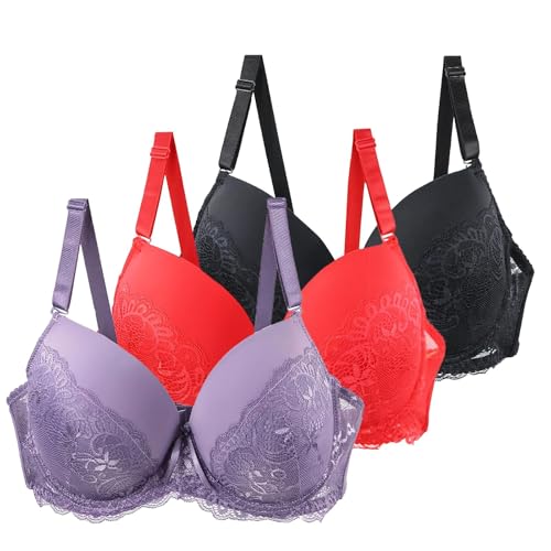 BH mit bügel und Breiten trägern,3er Pack Push Up BH Damen mit Bügel Große Brüste Starker Halt Bügelloser Vollschalen Formbügel und Spitze Klassische BHS Bequem Bralette Soft Bustier von HANXIULIN