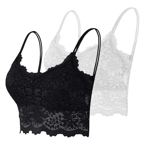 BH ohne bügel 2er Pack Spitze BHS ohne Bügel Bralettes mit Blumenmuster Push Up Cami Bustier mit Polste Atmungsaktiv Comfit Bralette mit Trägern Spitzen Bügelloser t-Shirt BH von HANXIULIN