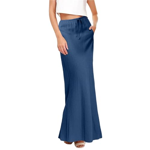 Baderock Damen,Rock Damen Lang Leinen Röcke Elastische Taille Sommerrock Leicht Lässige Maxirock A Linien Faltenrock Sommer Swing Strandrock Einfarbig Damenrock Maxi Skirt von HANXIULIN