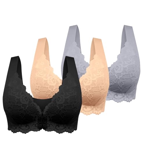 Comfy BH 3er Pack Vorderverschluss mit Spitze Starker Halt BHS Baumwolle Vollschalen T-Shirt Komfort Breite Träger Bralette Weich Bequemer Bustier BH mit Vorderverschluss 95 d von HANXIULIN