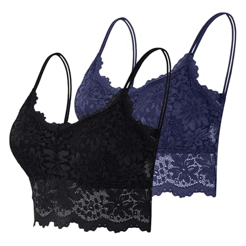 Damen BH ohne bügel 2er Pack Spitze BHS ohne Bügel Bralettes mit Blumenmuster Push Up Cami Bustier mit Polste Atmungsaktiv Comfit Bralette mit Trägern Spitzen Bügelloser Baumwolle BH von HANXIULIN