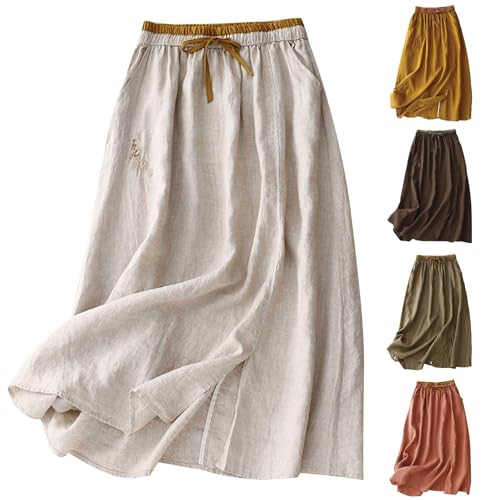 Damen Rock,Sommer Midi Leinen Röcke Elegant Leichte Leinenrock Basic Casual Faltenrock Langer Luftiger Röcke Breitersaum Hohe Taille Knielang Strandrock Langrock mit Taschen von HANXIULIN