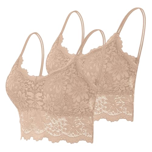 Entlastungs BH ohne bügel 2er Pack Spitze BHS ohne Bügel Bralettes mit Blumenmuster Push Up Cami Bustier mit Polste Atmungsaktiv Comfit Bralette mit Trägern Spitzen Bügelloser wäschenetz BH von HANXIULIN