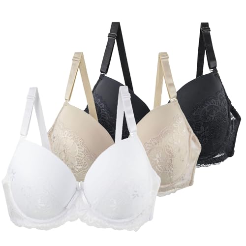 HANXIULIN BH Damen,3er Pack Push Up BH Damen mit Bügel Große Brüste Starker Halt Bügelloser Vollschalen Formbügel und Spitze Klassische BHS Bequem Bralette Soft Bustier von HANXIULIN
