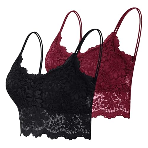 BH Hemdchen ohne bügel 2er Pack Spitze BHS ohne Bügel Bralettes mit Blumenmuster Push Up Cami Bustier mit Polste Atmungsaktiv Comfit Bralette mit Trägern Spitzen Bügelloser BH Damen Set von HANXIULIN