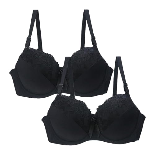 HANXIULIN BH Push up,2er Pack BH Damen mit Bügel,Push Up BHS Große Brüste Starker Halt Bügelloser Vollschalen Floraler Spitze Soft Bra mit Gepolsterten Bequemer Bustier für Alltag von HANXIULIN