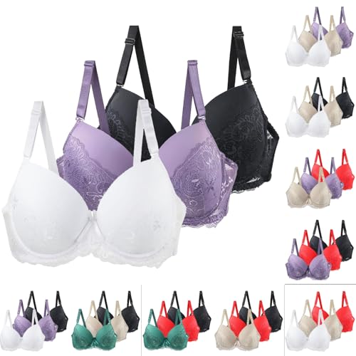 HANXIULIN BH mit Spitze,3er Pack Push Up BH Damen mit Bügel Große Brüste Starker Halt Bügelloser Vollschalen Formbügel und Spitze Klassische BHS Bequem Bralette Soft Bustier von HANXIULIN