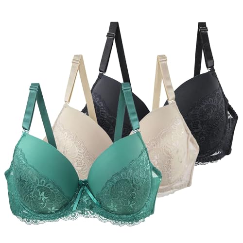 HANXIULIN BH weiß,3er Pack Push Up BH Damen mit Bügel Große Brüste Starker Halt Bügelloser Vollschalen Formbügel und Spitze Klassische BHS Bequem Bralette Soft Bustier von HANXIULIN