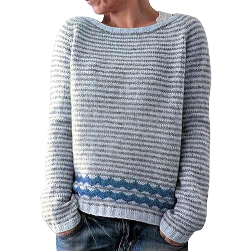 HANXIULIN Da Pullover Damen-Pullover im Farbblock-Design, lockerer, lässiger Strickpullover mit tief angesetzter Schulter und Langen Ärmeln Cardigan Damen Wolle (Light Blue, L) von HANXIULIN