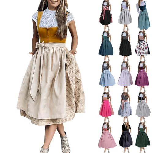 HANXIULIN Dirndl,Dirndl Damen Midi mit Schürze Elegant Trachtenkleid Bierkostüm Trachtenmode Dirndlkleid Elastischen Zonen unter den Armen für Komfort und Passform Edle Trachten von HANXIULIN