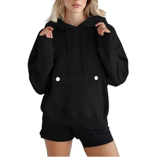 HANXIULIN Hoodie Damen Oversize Hoodie Kapuzenpullover Pullover Herbst Winter Casual Sweatshirt Langarm Baumwolle Hoody Oberteile mit Kapuze Bequemer Streetwear Tops Sweatshirt Damen schwarz Spitze von HANXIULIN