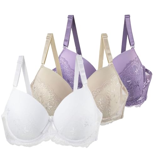 HANXIULIN Klassische BHS,3er Pack Push Up BH Damen mit Bügel Große Brüste Starker Halt Bügelloser Vollschalen Formbügel und Spitze Klassische BHS Bequem Bralette Soft Bustier von HANXIULIN