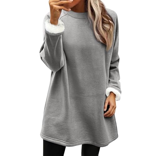 HANXIULIN Pullover für Damen Pullover Thermo Teddy Fleece Sweatshirt ohne Kapuze Warm Sherpa Gefüttertes Pulli Winter Dicke Thermounterwäsche Große Größe Unterhemd Oversize Sweatshirt Damen von HANXIULIN